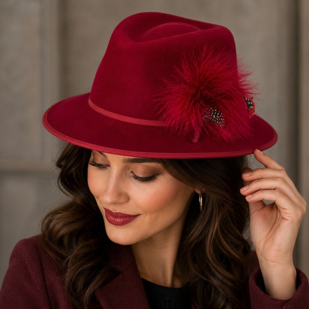 Betmar New York Red Wool Fedora Hat Feather Accent Vintage Women Accessory